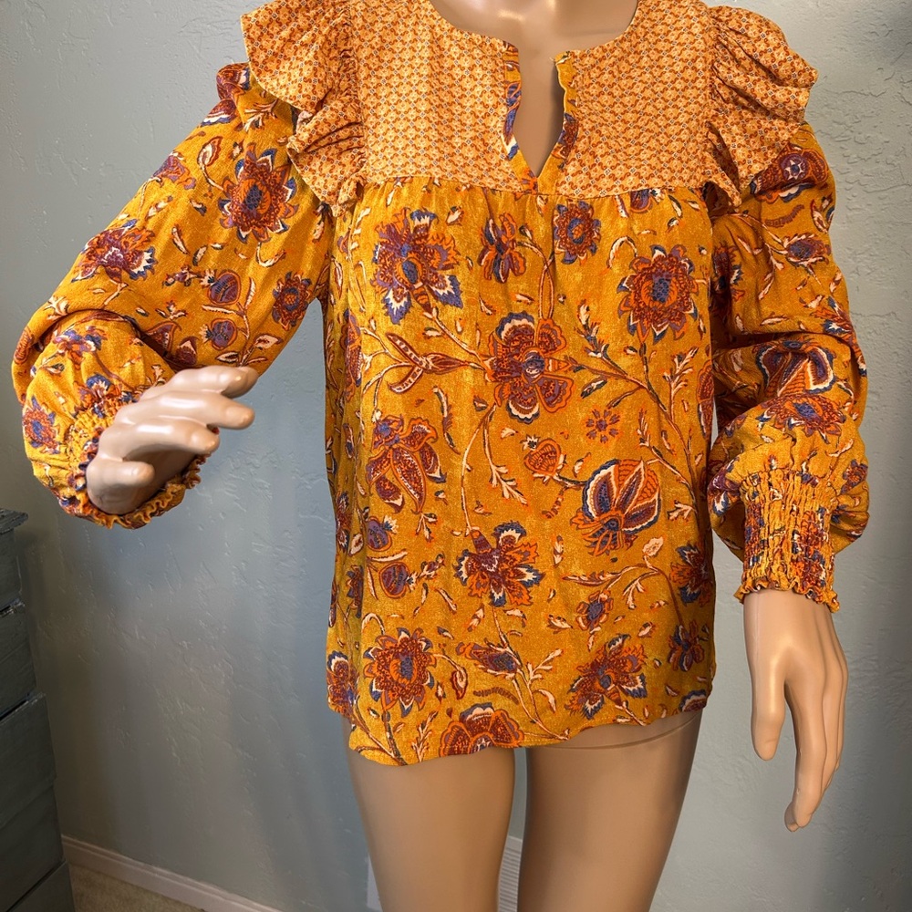 Farmers Market Floral Mustard Blouse with Ruffle Details